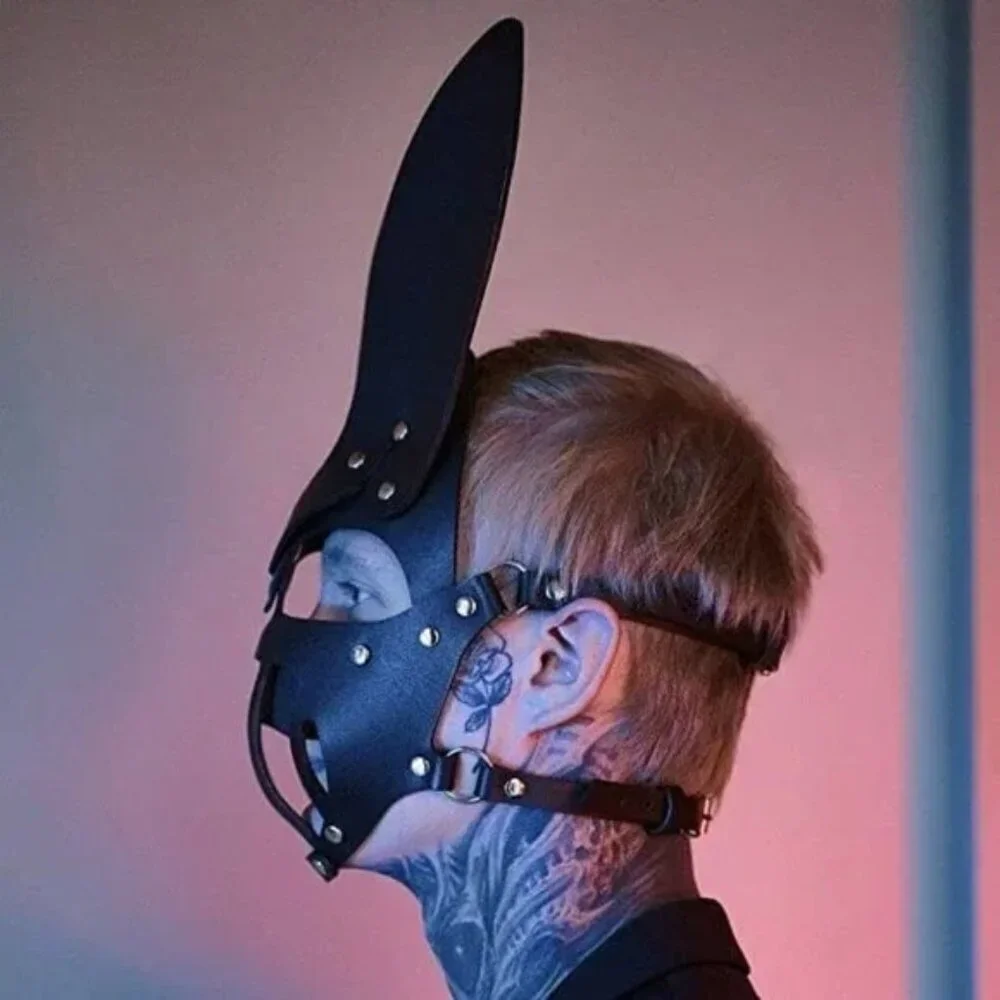 BLACK Leather Fetish Masquerade Face Mask Slave Bondage BDSM Costume Cosplay